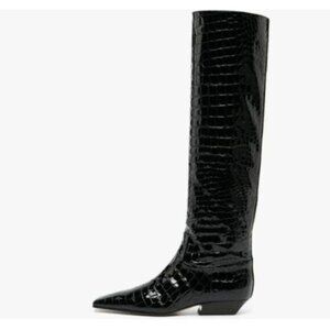 miss left Women Closed Square Toe Knee High Boot Wide Calf Low Chunky Heels Flat